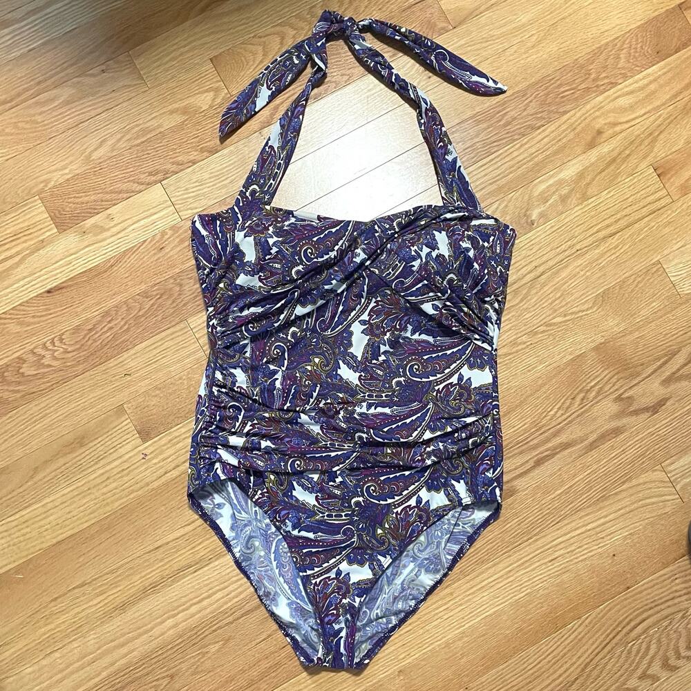 Lands End Purple Paisley One Piece Halter Top Swim Suit 14
